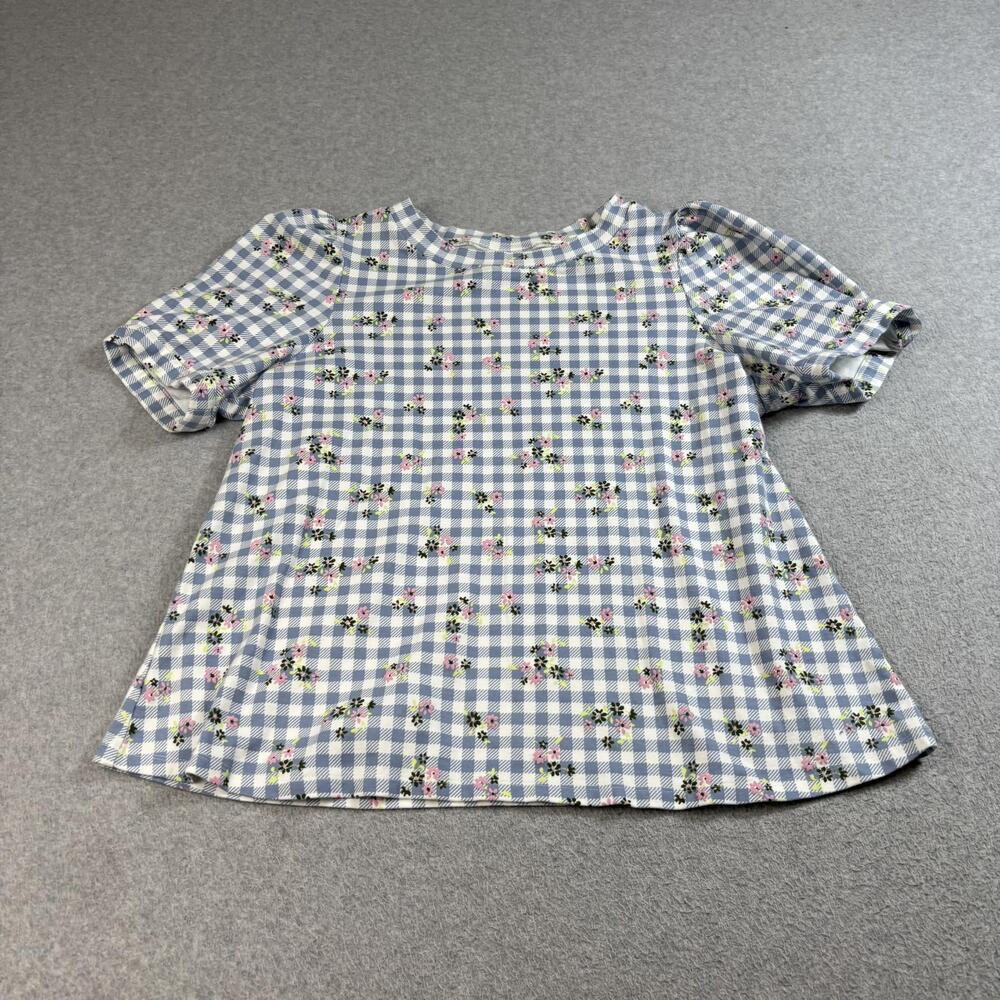 ModCloth Shirt Womens 1X Blue Gingham Floral Puff Sleeve Cottage Boho Twee Comfy